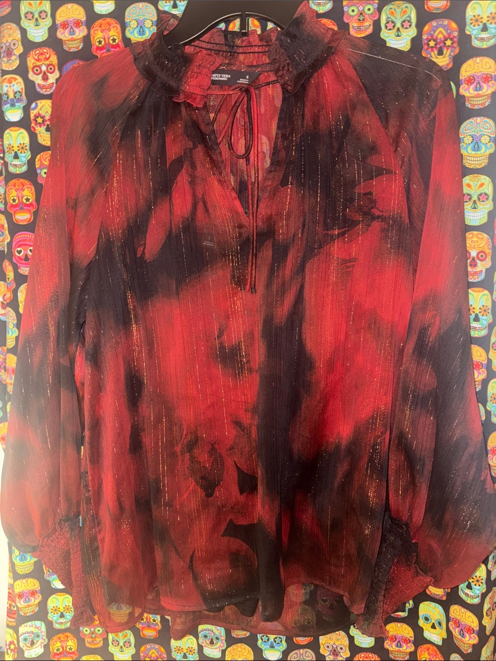Simply Vera Vera Wang Red and Black Sheer Tie-Neck Blouse with Metallic Thread